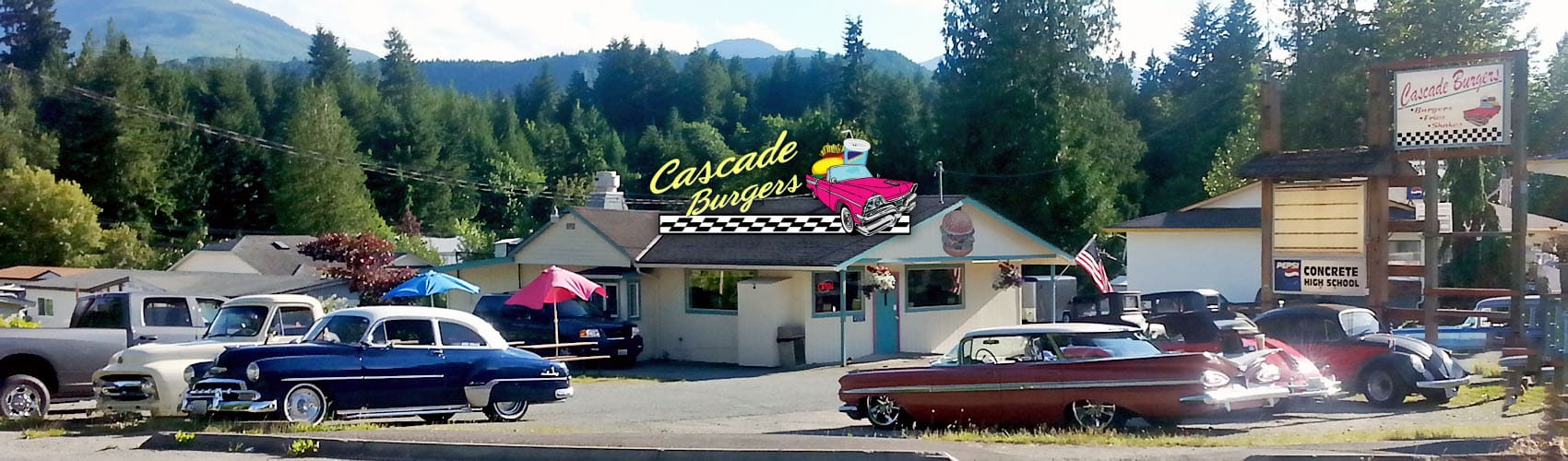 Cascade Burgers outside with logo